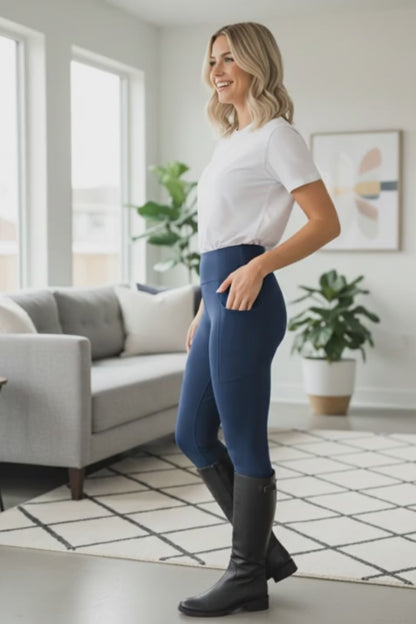 Womens Blue Pocket Leggings - High Waisted - Buttery Soft - Solid Navy Blue