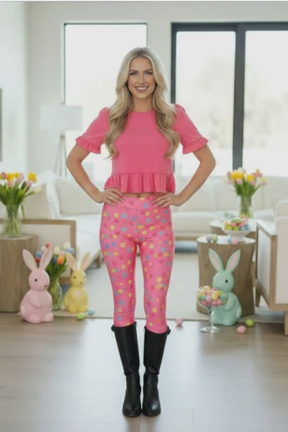 Womens Easter Leggings - High Waisted - Buttery Soft - Pink