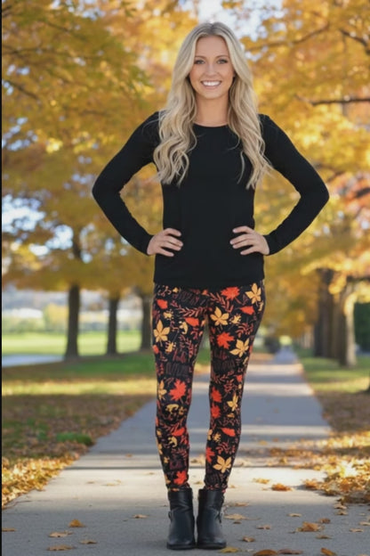 Womens Fall Leaf Thanksgiving Leggings - High Waisted - Luxury Soft Yoga Pants- Pockets - Black/Orange