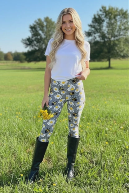 Womens Bee Daisy Leggings - High Waisted - Buttery Soft  - Grey/Yellow