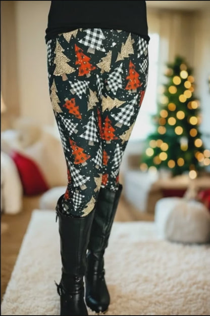 Womens Christmas Tree Leggings - High Waisted - Luxury Soft Yoga Pants - Black/Red/Gold