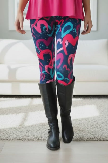 Womens Valentines Day Leggings - High Waisted - Buttery Soft - Purple Pink Hearts - OS/TC/TC2