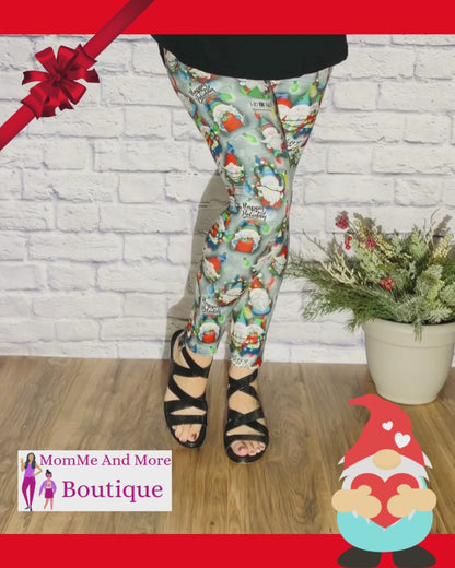 Womens Christmas Santa Gnome Leggings, Holiday Leggings, Soft Yoga Pants, Sizes OS/TC, Yoga Waist, Green/Red, Exclusive Leggings