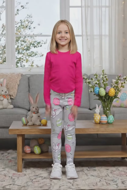 Girls Easter Bunny Leggings - High Waisted - Buttery Soft  - Gray/Pink