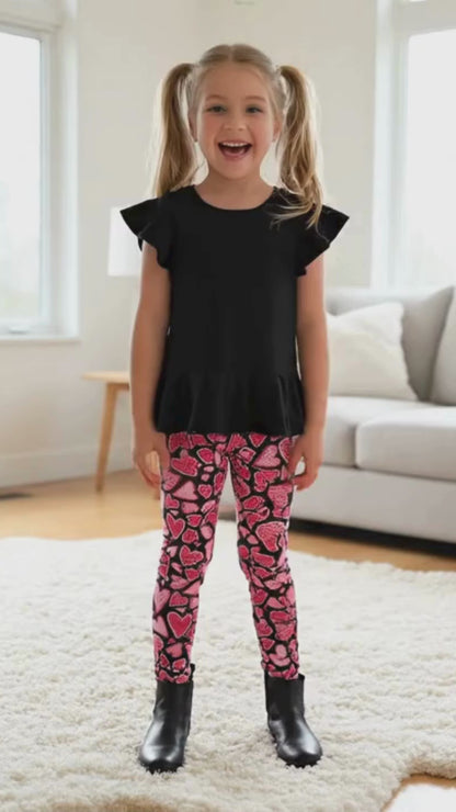 Girls Valentines Day Leggings - High Waisted - Buttery Soft - Pink Doodle Hearts