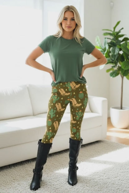 Womens Western Cactus Boots Leggings - High Waisted - Buttery Soft - Brown/Green