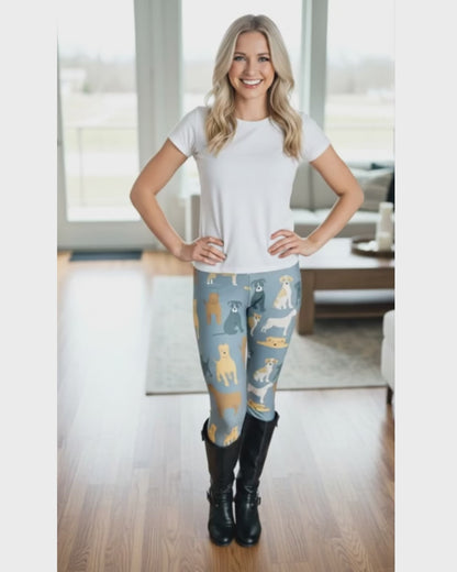 Womens Dog Printed Leggings - High Waisted - Buttery Soft - Pit Bull Dogs - Blue/Tan