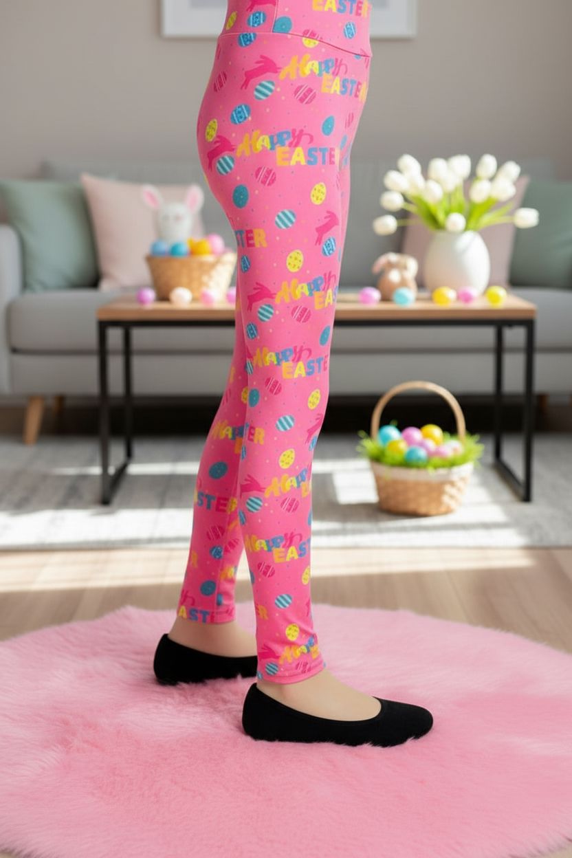 Girls Easter Leggings - High Waisted - Buttery Soft - Pink Leggings MomMe and More 
