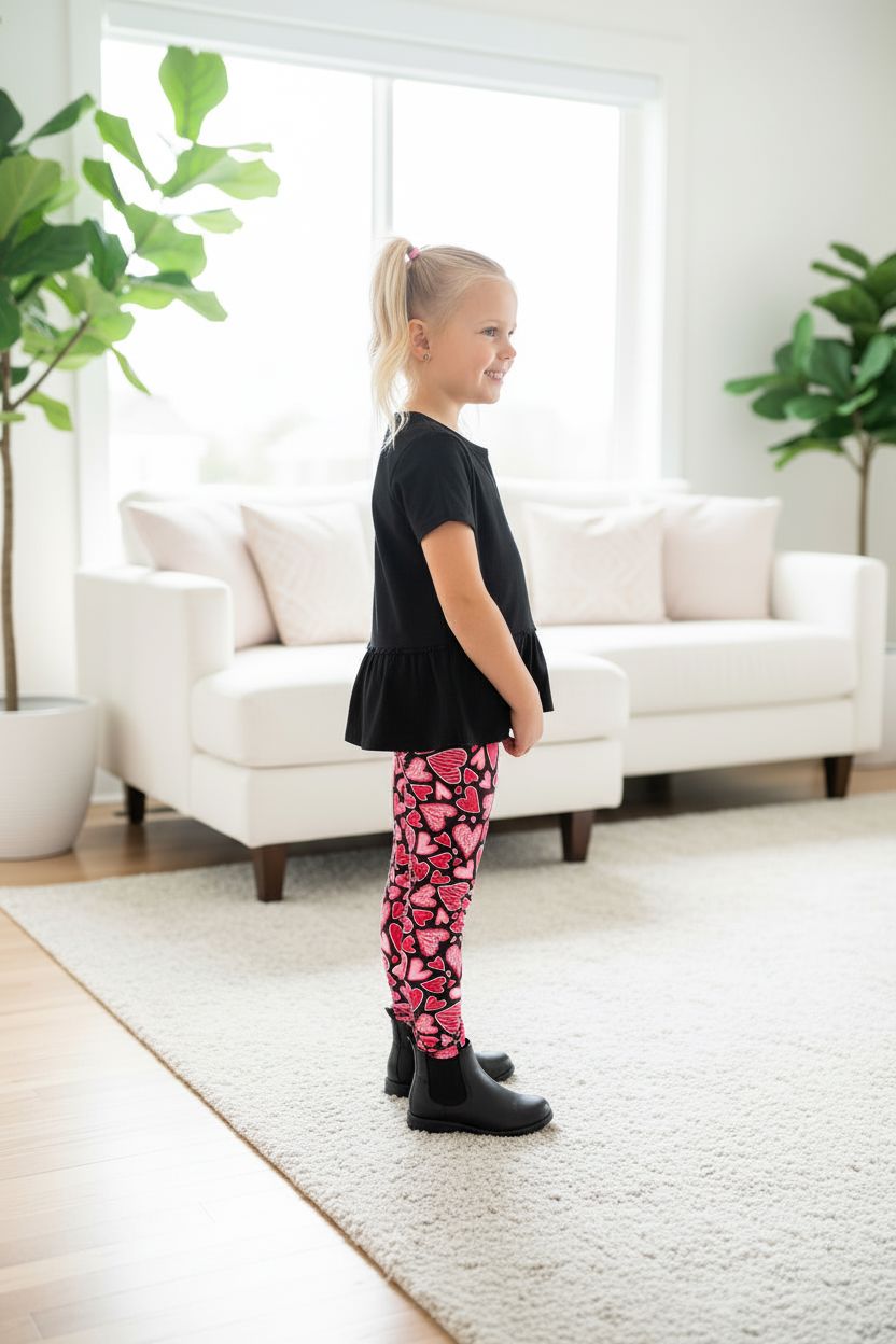 Girls Valentines Day Leggings - High Waisted - Buttery Soft - Pink Doodle Hearts Leggings MomMe and More 