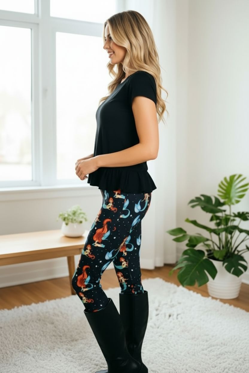 Womens Mermaid Leggings - High Waisted - Buttery Soft Yoga Pants - Black/Multi Leggings MomMe and More 