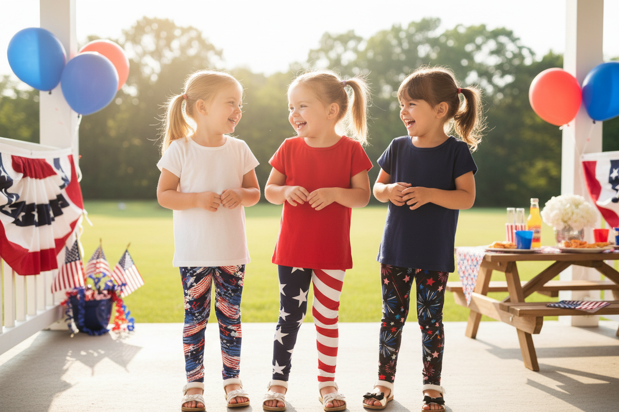 Three Girls in American Flag Leggings