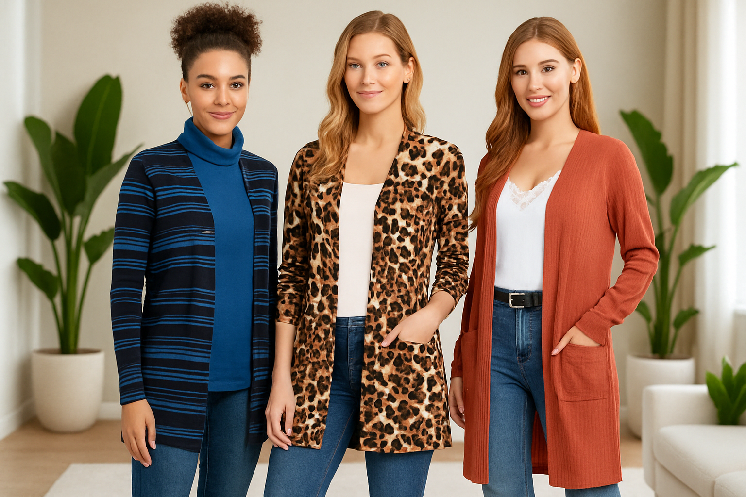Three women in cardigans in modern living room