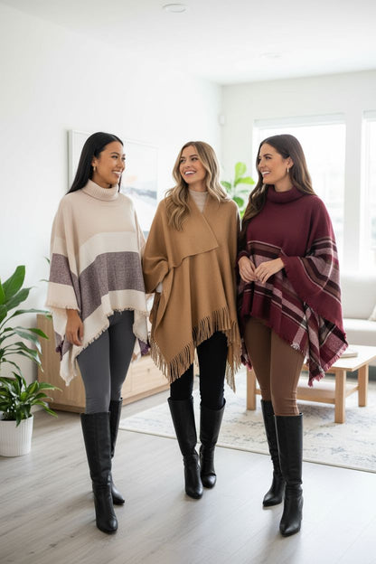 Womens Fall Plaid Poncho - Turtle Neck - Fringed Sweater Wrap Cape - Brown/Multi poncho MomMe and More 