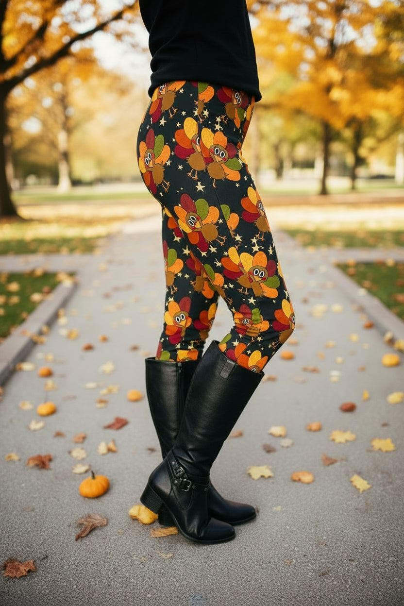 Turkey Leggings, High Waisted, Buttery Soft, Thanksgiving Leggings, Sizes OS/TC Leggings MomMe and More 