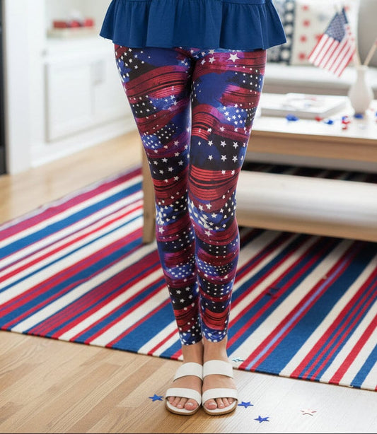 Womens 4th of July Leggings - High Waisted - Buttery Soft - American Flag - Red White Blue Leggings MomMe and More 12-20 Blue/Red Yoga Waist