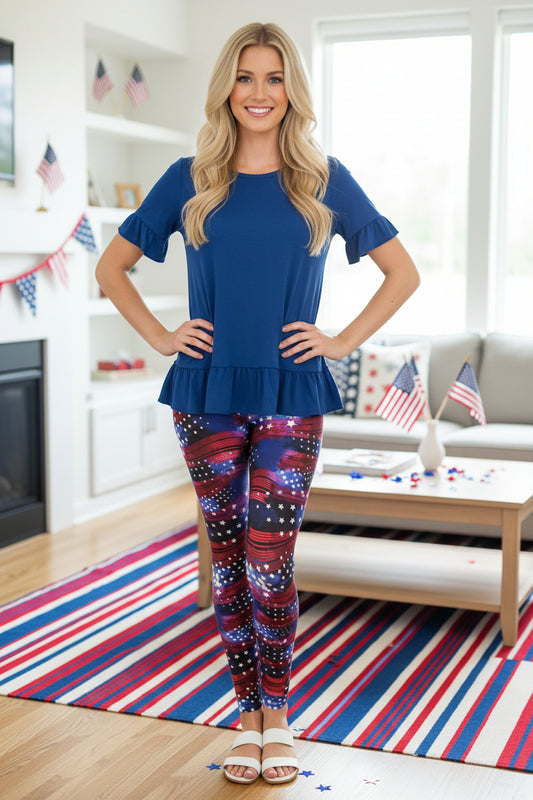 Womens American Flag Leggings, Patriotic 4th of July Pants, Sizes 18-22, No-Roll Waist, Red/White/Blue Leggings MomMe and More 18-22 Blue/Red 