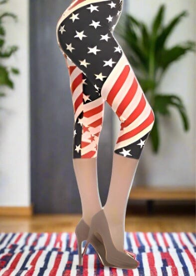 Womens American Flag Capri Leggings, Patriotic 4th of July Pants, Sizes 0-18, No-Roll Waist, Red/White/Blue Leggings MomMe and More 