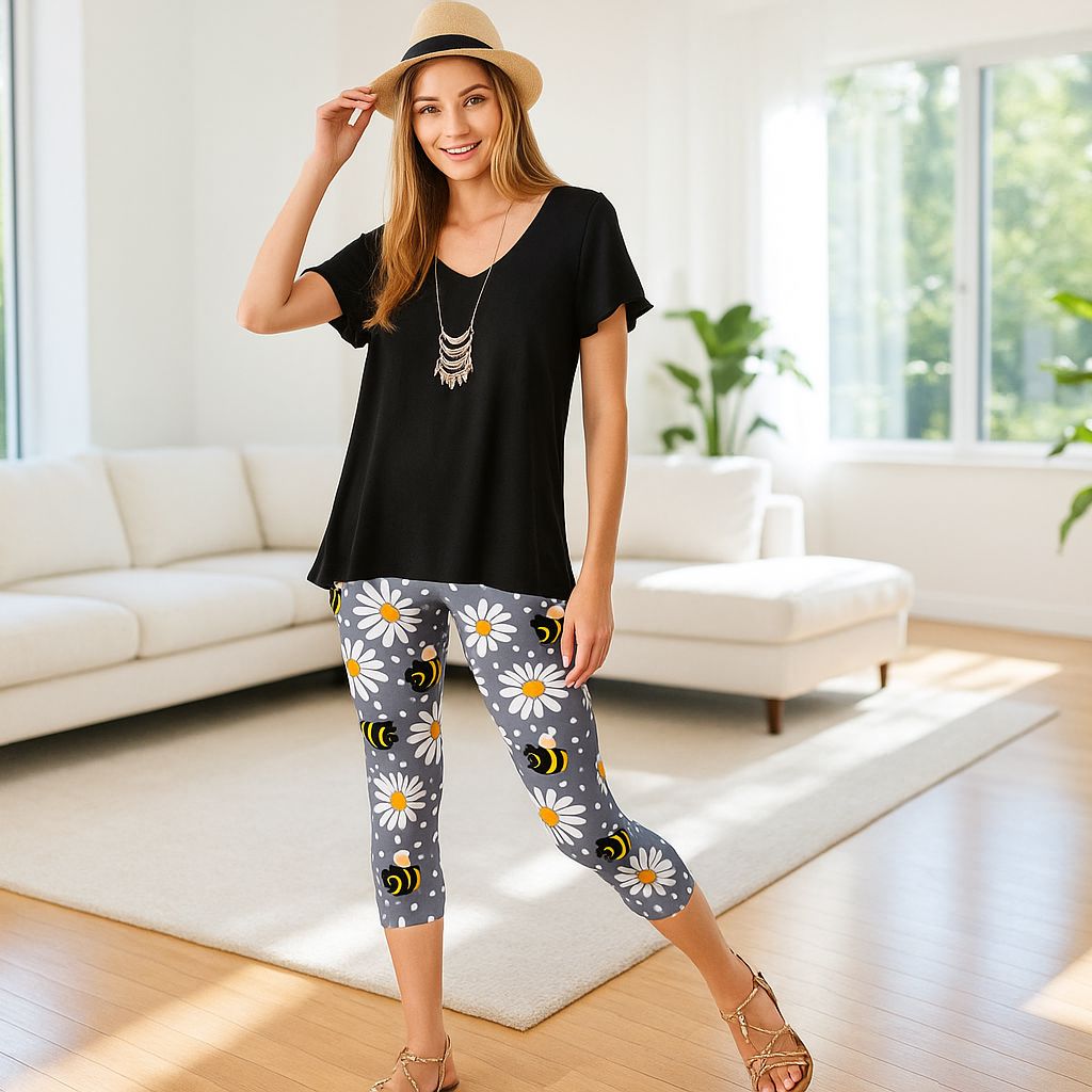 Womens Bee Capri Leggings - High Waisted - Buttery Soft - Gray/Yellow Leggings MomMe and More 