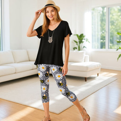 Womens Bee Capri Leggings - High Waisted - Buttery Soft - Gray/Yellow Leggings MomMe and More 