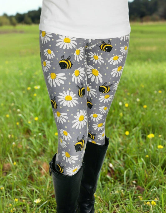 Womens Bee Daisy Leggings - High Waisted - Buttery Soft - Grey/Yellow Leggings MomMe and More S Gray No-Roll Waist