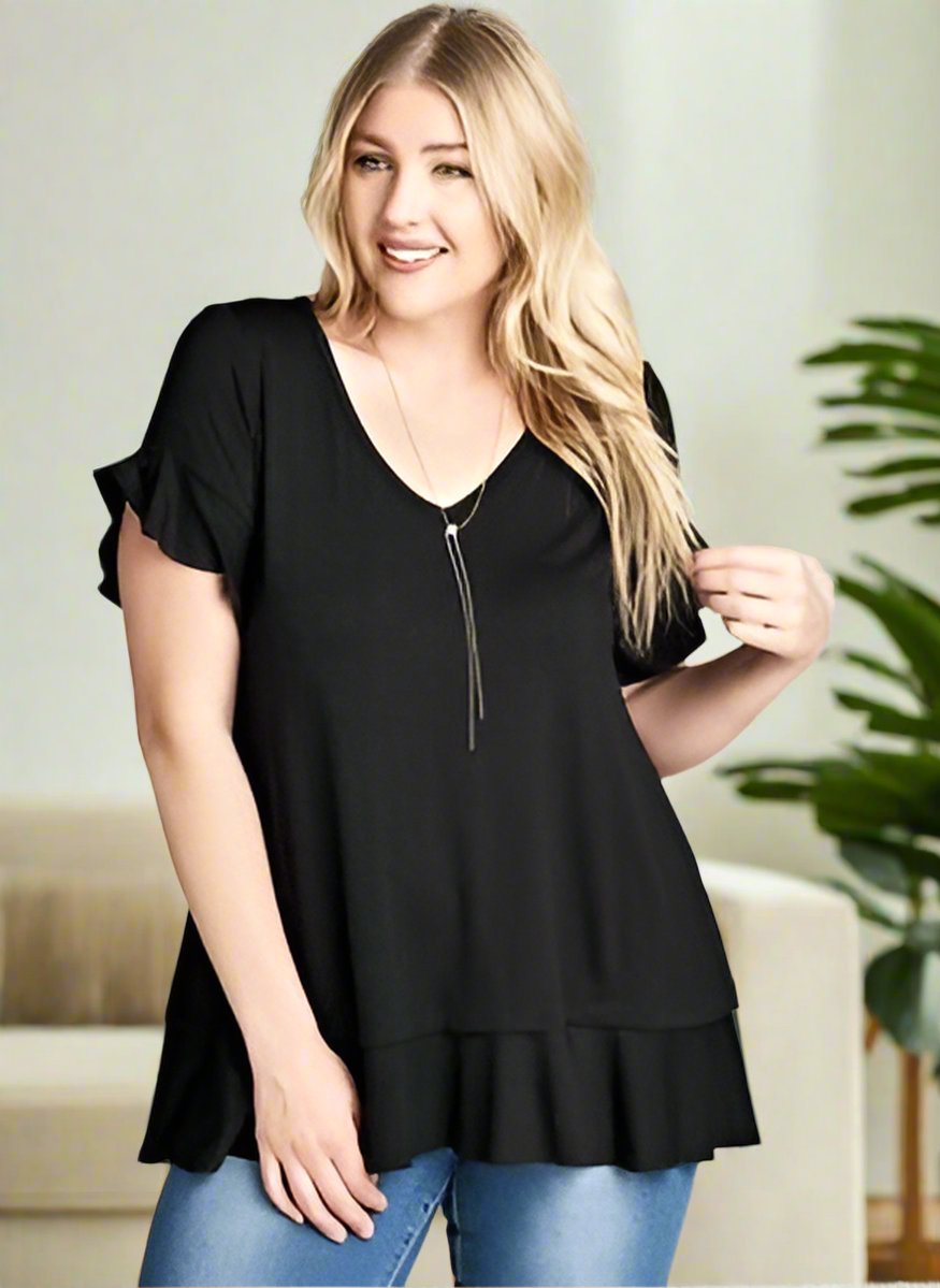 Womens Solid Black Top, V-Neck Flutter Sleeve & Ruffle Hem Shirt Tops MomMe and More 