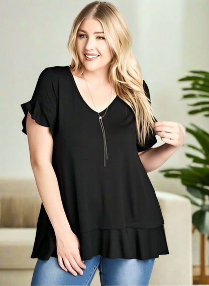 Womens Solid Black Top, V-Neck Flutter Sleeve & Ruffle Hem Shirt Tops MomMe and More 