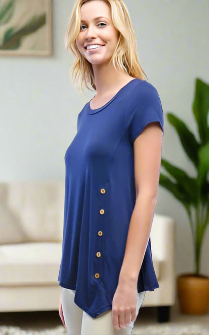 Womens Blue High-Low Top, Short Sleeve Shirt, Side Button Tunic, Sizes S/M/L, Solid Navy Blue Tops MomMe and More 