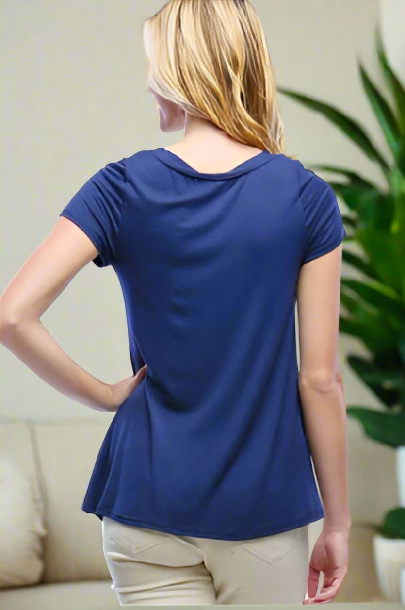 Womens Blue High-Low Top, Short Sleeve Shirt, Side Button Tunic, Sizes S/M/L, Solid Navy Blue Tops MomMe and More 