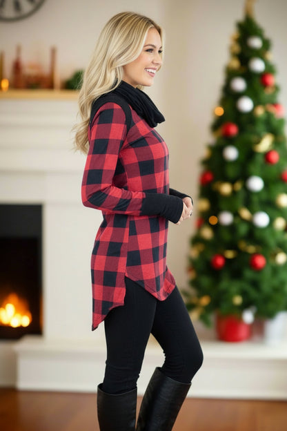 Womens Christmas Plaid Top, Long Sleeve Cowl Neck Shirt, Sizes S/M, Red/Black Tops MomMe and More 