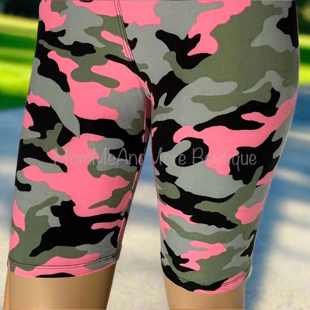 Womens Camouflage Biker Shorts - High Waisted - Buttery Soft - Pink/Gray Shorts MomMe and More 