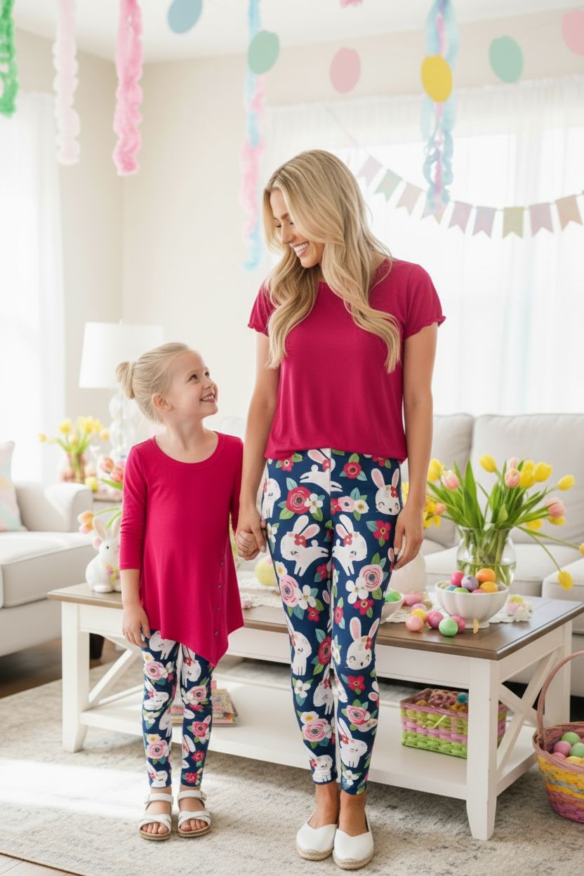 Womens Easter Bunny Leggings - High Waisted - Buttery Soft Yoga Pants - Blue/Pink - OS/TC Leggings MomMe and More 