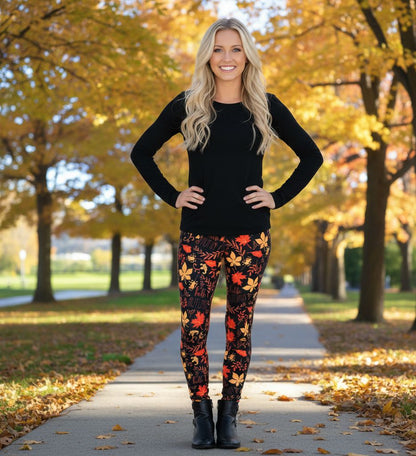 Womens Fall Leaf Leggings - High Waisted - Buttery Soft - Halloween Thanksgiving Leggings- Black/Orange Leggings MomMe and More 