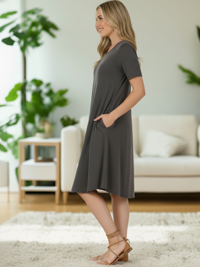 Womens Gray Midi Dress - Short Sleeves - Buttery Soft - Side Pockets - Stretchy Casual Dress dress MomMe and More 