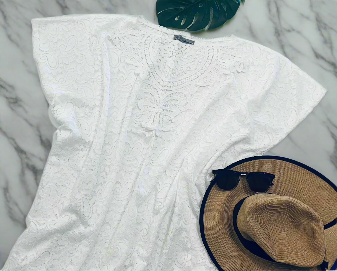Womens Paisley Lace Top | Pull Over Lace Printed Shirt | Black or White Lace Kimono | Swimsuit Cover kimono MomMe and More 