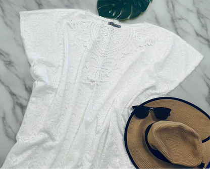 Womens Paisley Lace Top | Pull Over Lace Printed Shirt | Black or White Lace Kimono | Swimsuit Cover kimono MomMe and More 