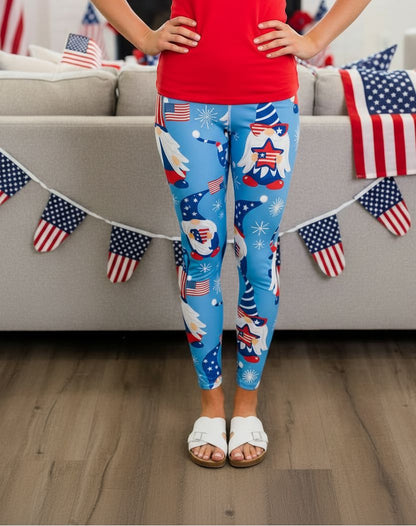 Womens Patriotic Leggings - High Waisted - Buttery Soft - Gnomes/Fireworks - Red/White/Blue Leggings MomMe and More 