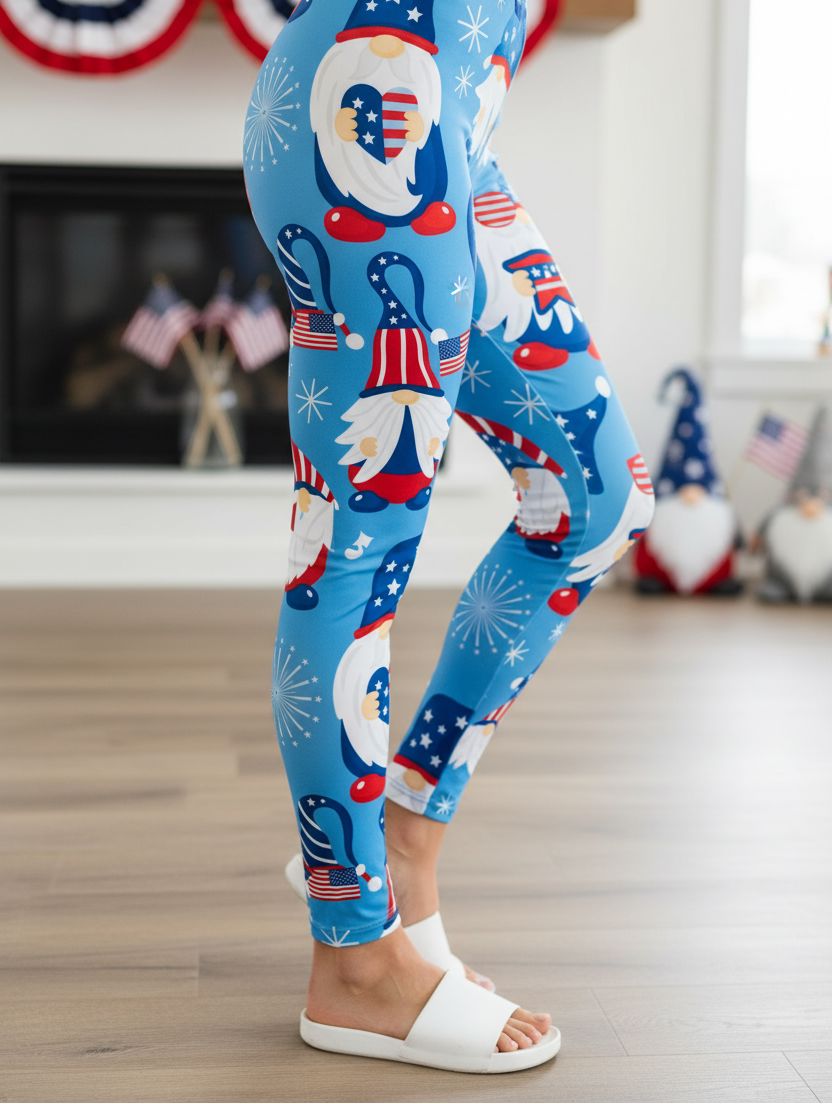 Womens Patriotic Leggings - High Waisted - Buttery Soft - Gnomes/Fireworks - Red/White/Blue Leggings MomMe and More 