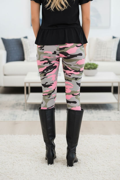 Womens Pink Camouflage Leggings - High Waisted - Buttery Soft - Pink/Gray Camo Leggings MomMe and More 
