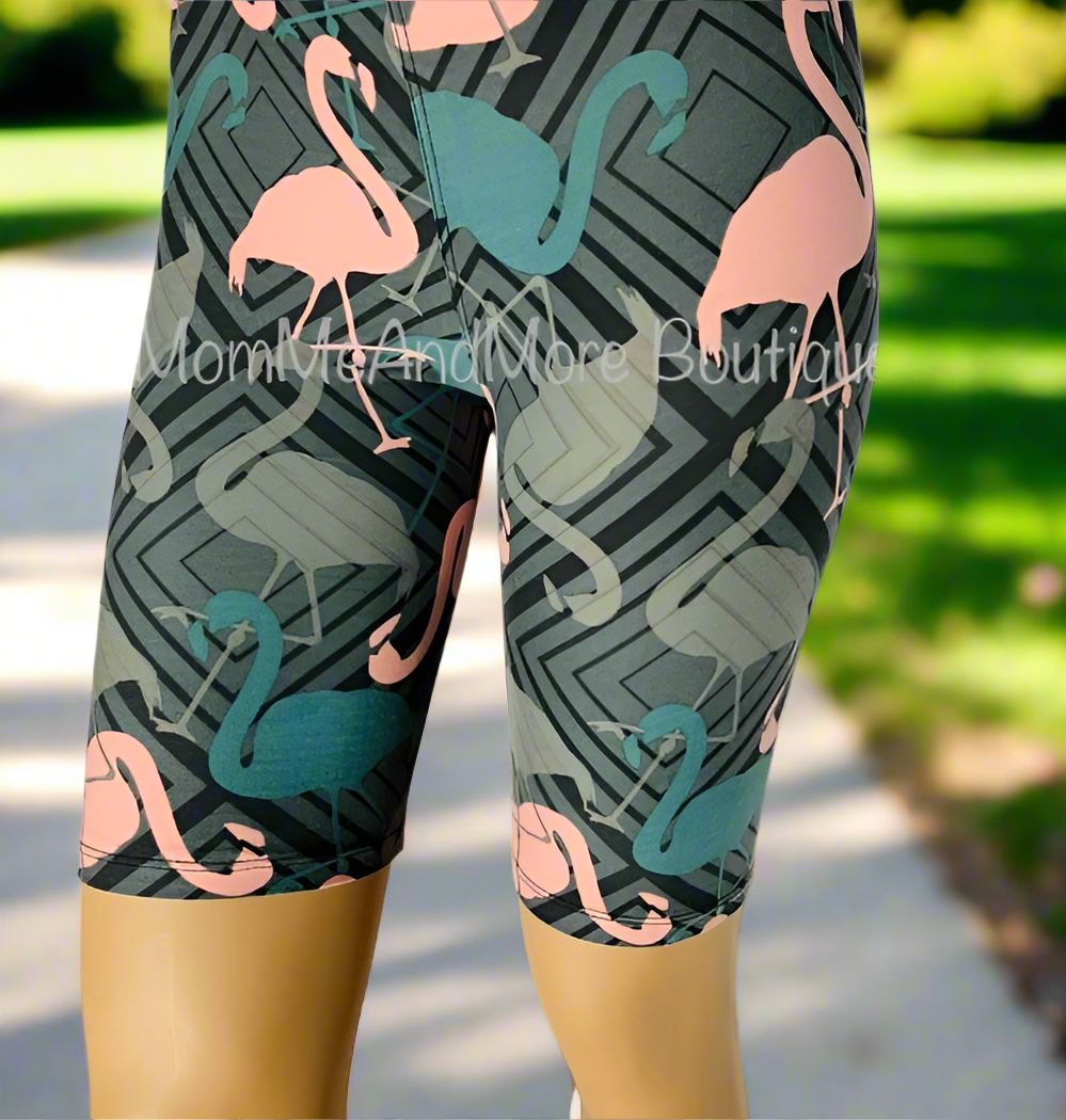 Womens Pink Flamingo Biker Shorts - High Waisted - Buttery Soft - Pink/Gray Shorts MomMe and More 