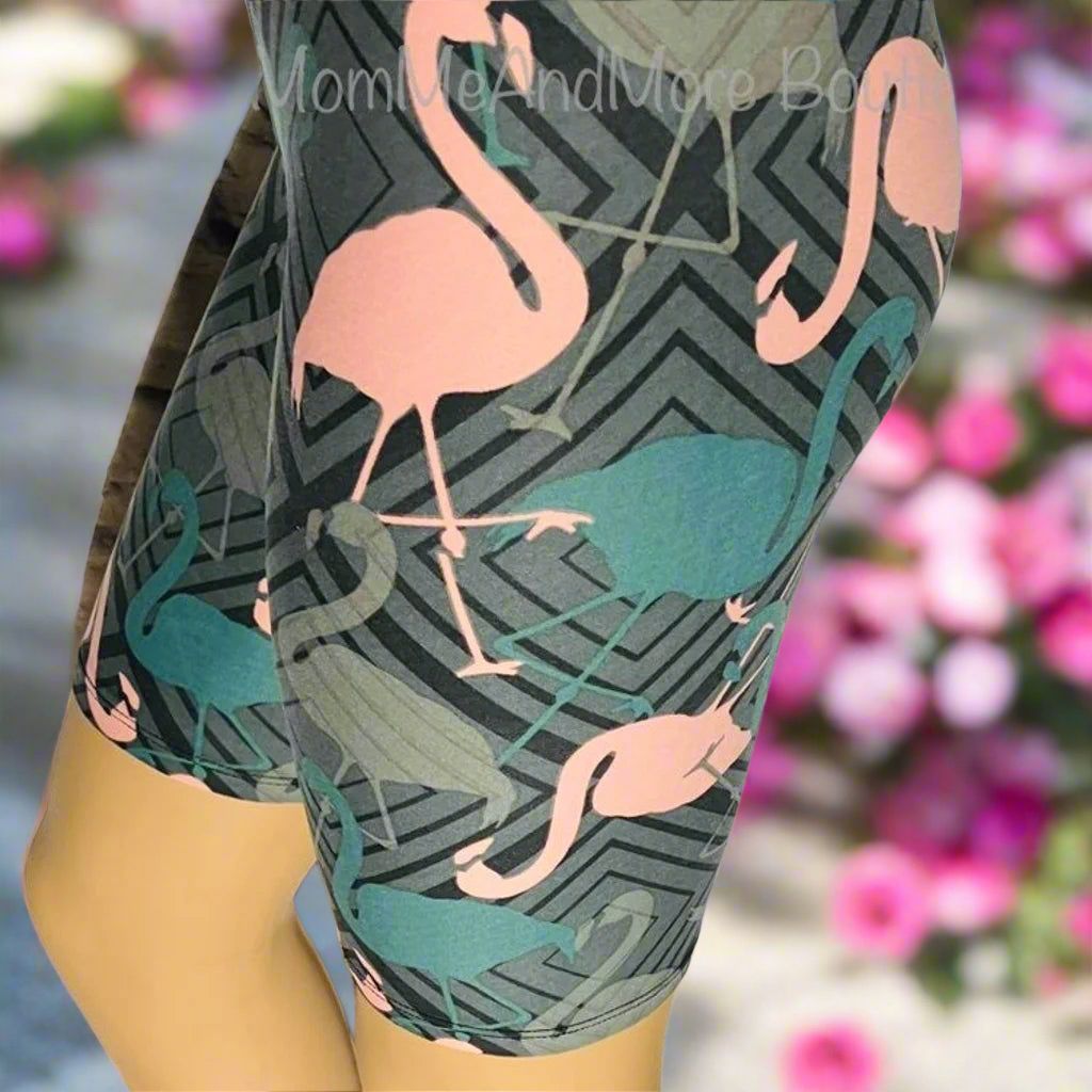Womens Pink Flamingo Biker Shorts - High Waisted - Buttery Soft - Pink/Gray Shorts MomMe and More 