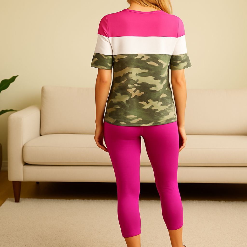 Womens Pink Green Camo Top, Colorblock Striped Shirt, Sizes S/M/L, Camouflage Pink White Tops MomMe and More 