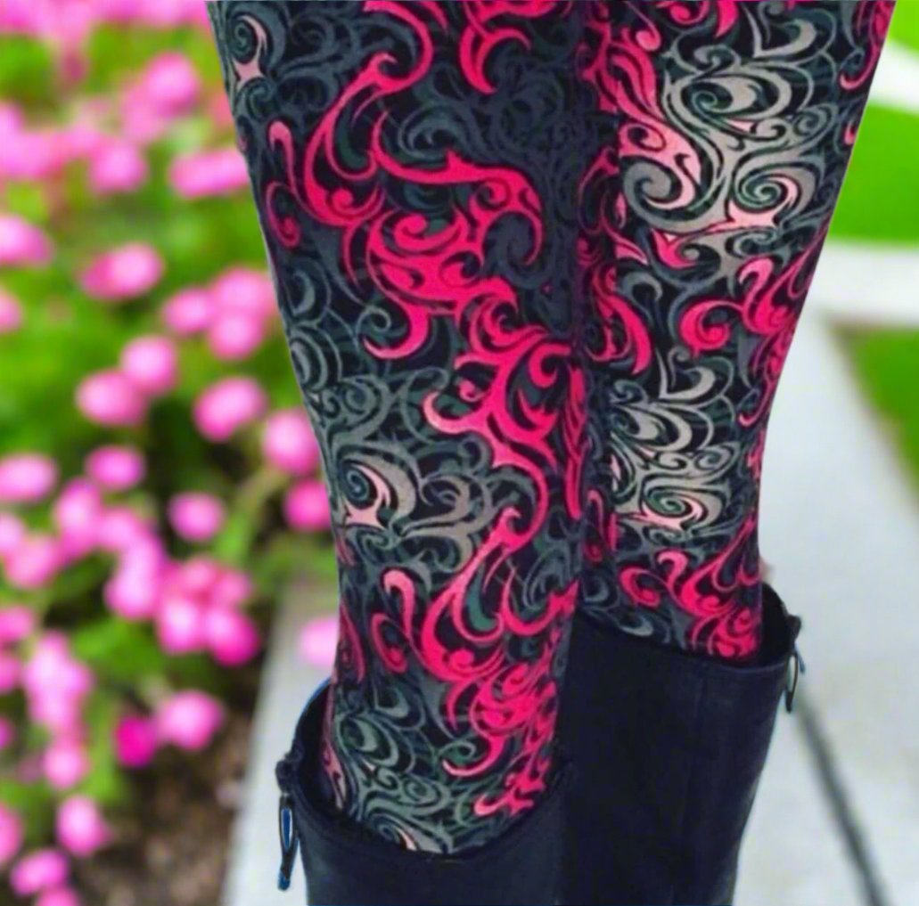 Womens Leggings | Pink Paisley Leggings | Yoga Pants | Footless Tights | No-Roll Waistband Leggings MomMe and More 