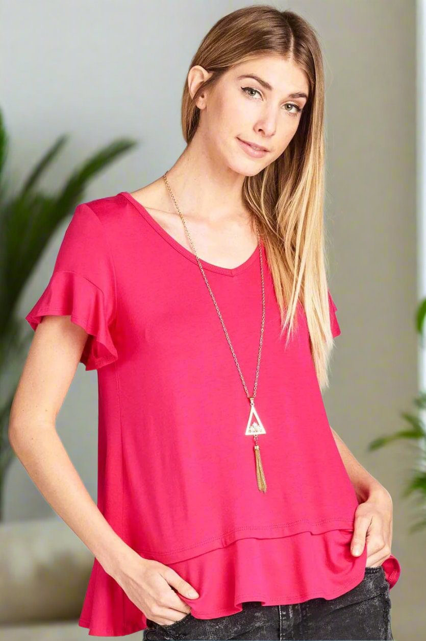 Womens Solid Pink Top, V-Neck Ruffle Cap Sleeve & Ruffle Hem Shirt Tops MomMe and More 
