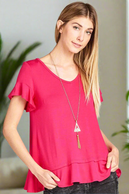 Womens Solid Pink Top, V-Neck Ruffle Cap Sleeve & Ruffle Hem Shirt Tops MomMe and More 