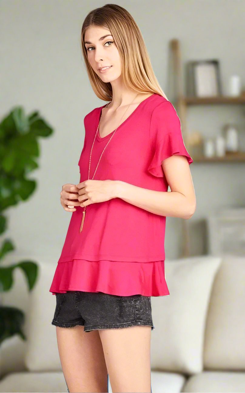Womens Solid Pink Top, V-Neck Ruffle Cap Sleeve & Ruffle Hem Shirt Tops MomMe and More 