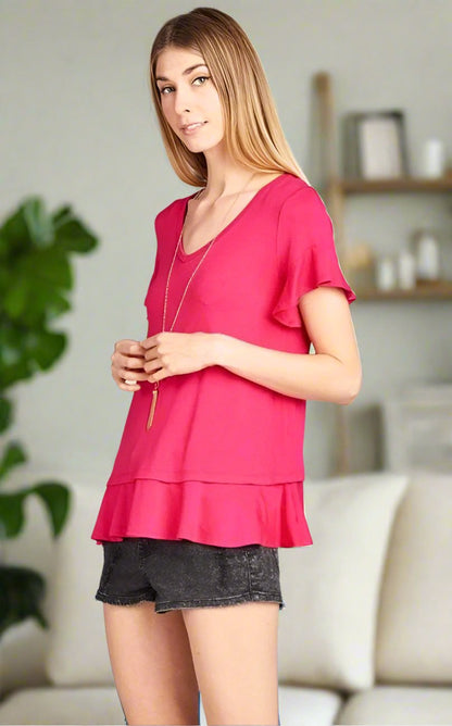 Womens Solid Pink Top, V-Neck Ruffle Cap Sleeve & Ruffle Hem Shirt Tops MomMe and More 