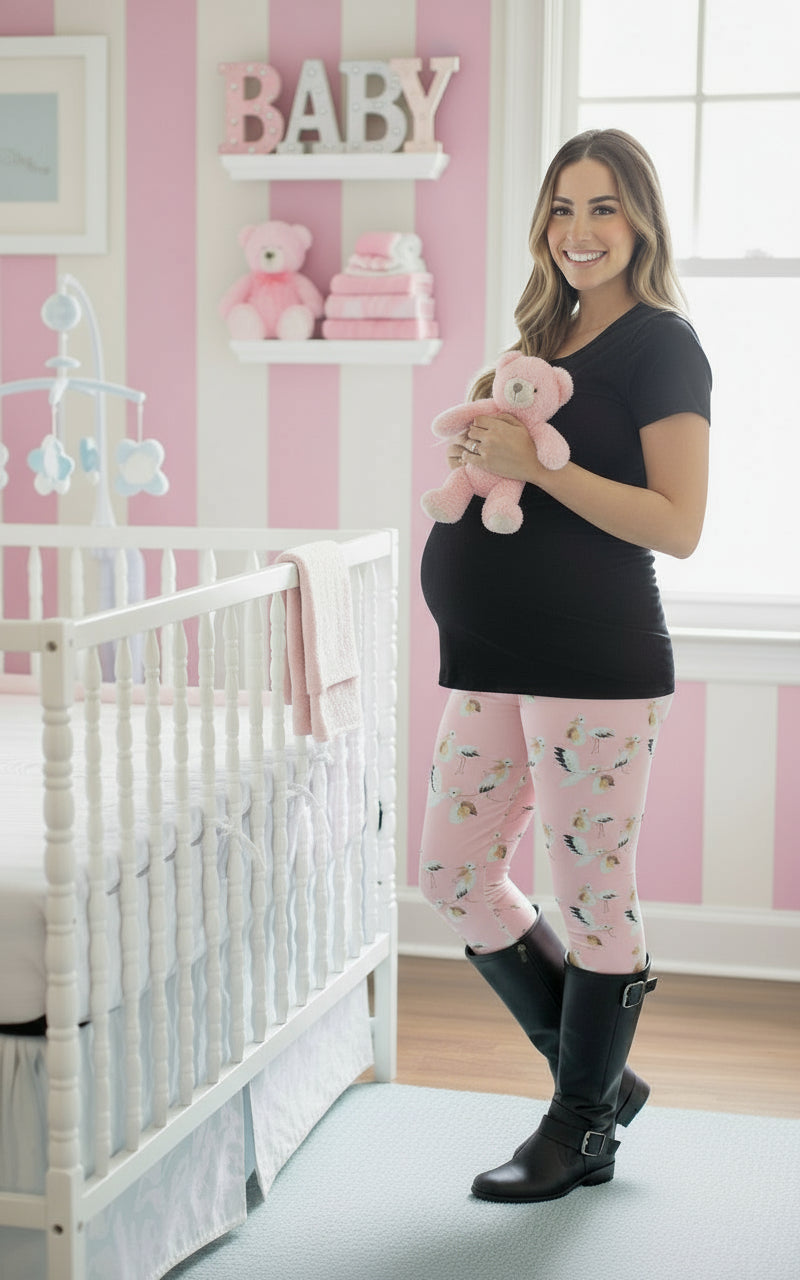 Womens Pink Stork Leggings - High Waisted - Buttery Soft - Baby Girl - Pink Leggings MomMe and More 