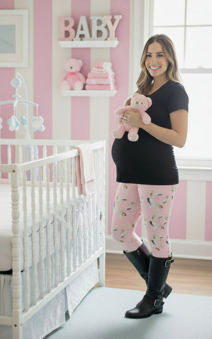 Womens Pink Stork Leggings - High Waisted - Buttery Soft - Baby Girl - Pink Leggings MomMe and More 