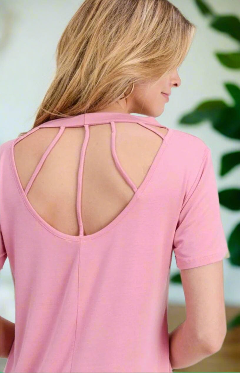Womens Pink Top - Short Sleeves - Soft Stretchy - Strappy Back Tops MomMe and More 
