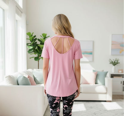 Womens Pink Top - Short Sleeves - Soft Stretchy - Strappy Back Tops MomMe and More 